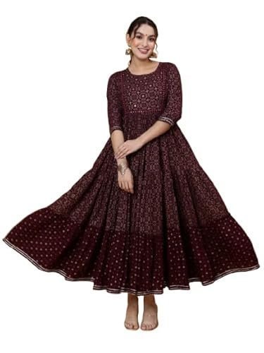 ethnic printed cotton blend anarkali dress, burgundy, 3/4 sleeve, round neck, fit & flare ethnic printed cotton blend anarkali dress, burgundy, 3/4 sleeve, round neck, fit & flare