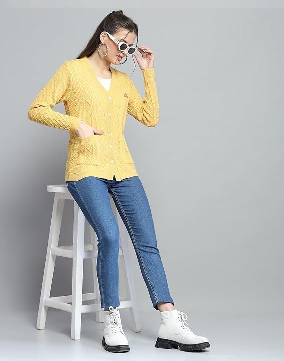 monte carlo womens self design yellow v neck full sleeve cardigan 1243555vn 2454 monte carlo womens self design yellow v neck full sleeve cardigan 1243555vn 2454
