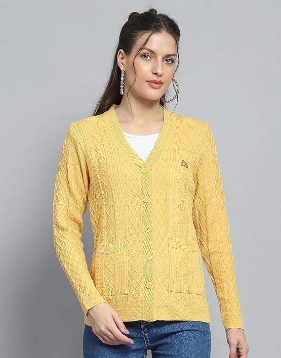 monte carlo womens self design yellow v neck full sleeve cardigan 1243555vn 2454 monte carlo womens self design yellow v neck full sleeve cardigan 1243555vn 2454
