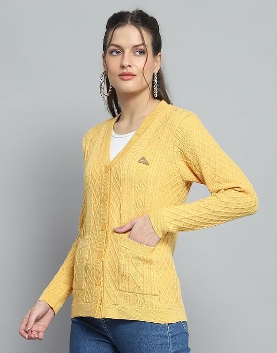 monte carlo womens self design yellow v neck full sleeve cardigan 1243555vn 2454 monte carlo womens self design yellow v neck full sleeve cardigan 1243555vn 2454
