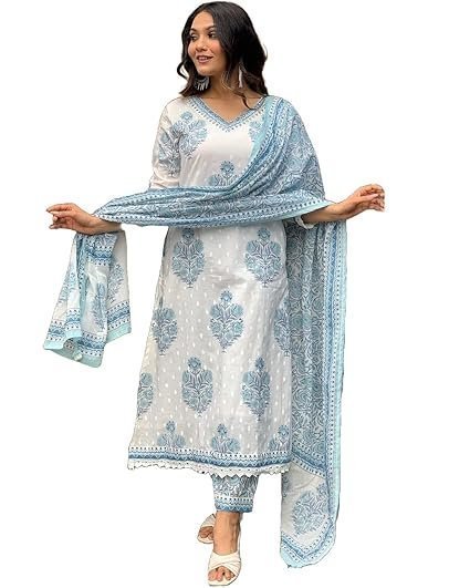 nermosa women cotton block printed kurta pant with dupatta nermosa women cotton block printed kurta pant with dupatta
