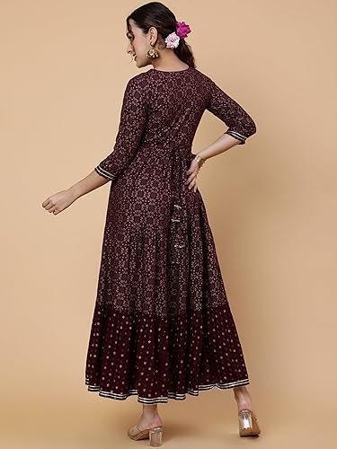 ethnic printed cotton blend anarkali dress, burgundy, 3/4 sleeve, round neck, fit & flare ethnic printed cotton blend anarkali dress, burgundy, 3/4 sleeve, round neck, fit & flare