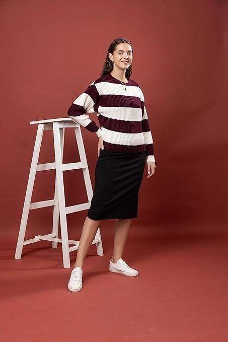 wear lusso women’s 100% wool color block stripe full sleeve round neck pullover sweater | winter season fashion wear lusso women’s 100% wool color block stripe full sleeve round neck pullover sweater | winter season fashion