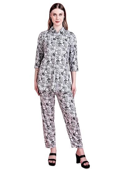 women’s digital printed co ord set with mandarin collar, 3/4 sleeves & button down design | full pair fancy travel kurta set women’s digital printed co ord set with mandarin collar, 3/4 sleeves & button down design | full pair fancy travel kurta set