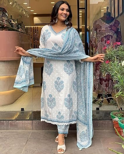 nermosa women cotton block printed kurta pant with dupatta nermosa women cotton block printed kurta pant with dupatta