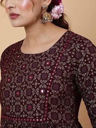 ethnic printed cotton blend anarkali dress, burgundy, 3/4 sleeve, round neck, fit & flare ethnic printed cotton blend anarkali dress, burgundy, 3/4 sleeve, round neck, fit & flare